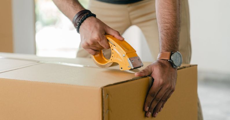 Mortgage Process - Crop faceless young male with wristwatch using adhesive tape while preparing cardboard box for transportation