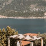 Outdoor Patio - Aerial View Of Pool Lounge And Body Of Water Near Mountain