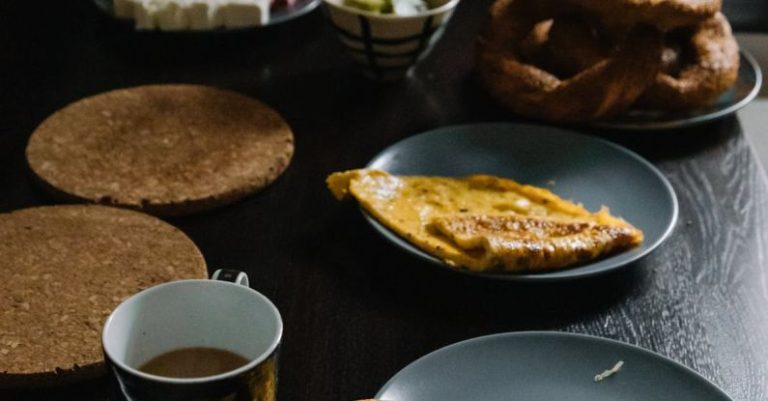 Pancakes Breakfast - Pancakes on Plate, Bagels and Cups